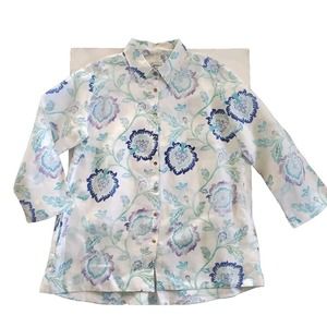 i Linen LG 3/4 Sleeve Floral Button Down Cottage Core Pockets Linen Shirt